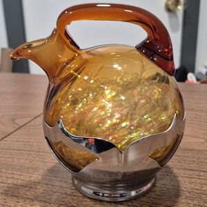 Vintage Farber Bros. Amber Glass And Metal Decanter